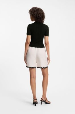 Slim-fit ribbed sweater with polo collar, Black