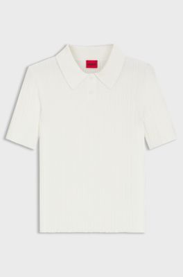 Slim-fit ribbed sweater with polo collar, Natural
