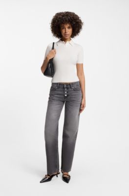 Slim-fit ribbed sweater with polo collar, Natural