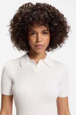 Slim-fit ribbed sweater with polo collar, Natural