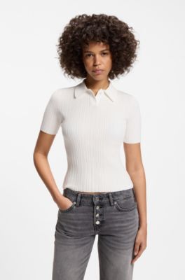 Slim-fit ribbed sweater with polo collar, Natural