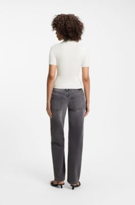 Slim-fit ribbed sweater with polo collar, Natural