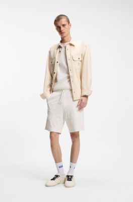 Short en coton &eacute;ponge avec jacquard l&eacute;opard, Naturel