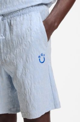 Cotton-towelling shorts with leopard jacquard, Light Blue