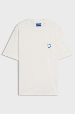 Cotton-towelling T-shirt with Happy HUGO, Natural