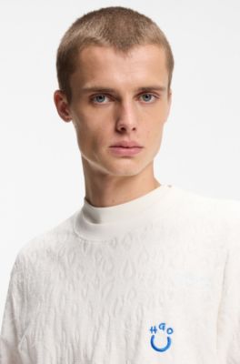 Cotton-towelling T-shirt with Happy HUGO, Natural