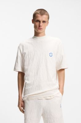 Cotton-towelling T-shirt with Happy HUGO, Natural