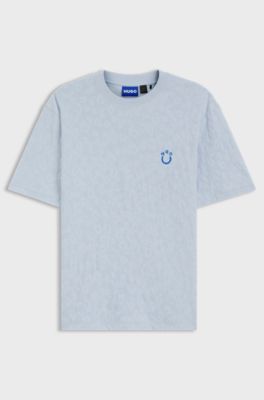 Cotton-towelling T-shirt with Happy HUGO, Light Blue