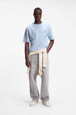 Cotton-towelling T-shirt with Happy HUGO, Light Blue