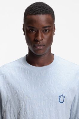 Cotton-towelling T-shirt with Happy HUGO, Light Blue