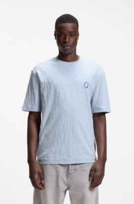 Cotton-towelling T-shirt with Happy HUGO, Light Blue