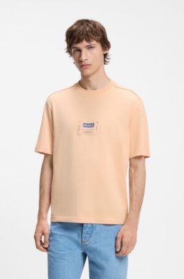 T-shirt van katoenen jersey met logolabel in workwearstijl, Licht oranje