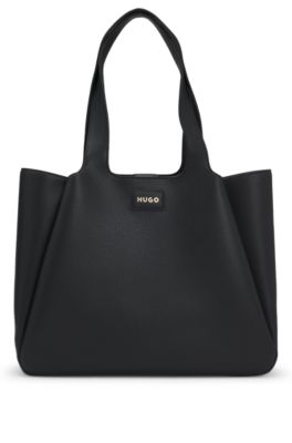 Faux-leather tote bag with logo patch, Black