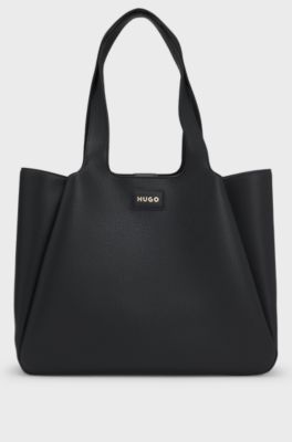 Faux-leather tote bag with logo patch, Black