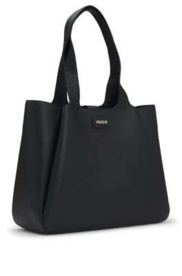 Faux-leather tote bag with logo patch, Black