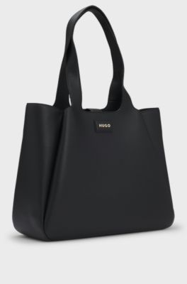 Faux-leather tote bag with logo patch, Black