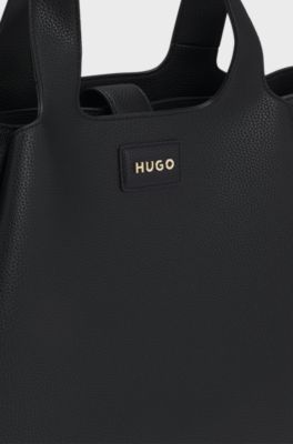 Faux-leather tote bag with logo patch, Black