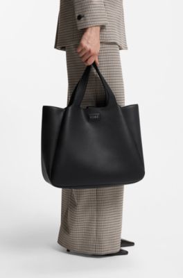 Faux-leather tote bag with logo patch, Black