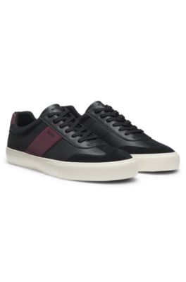 Grained faux-leather trainers with leather trims, Black