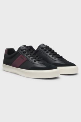 Sneakers van generfd imitatieleer met leren details, Zwart