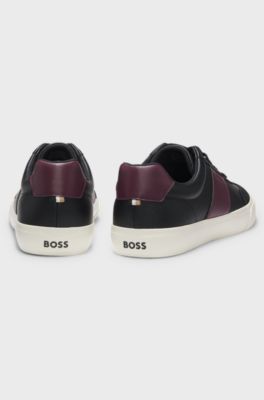 Sneakers van generfd imitatieleer met leren details, Zwart