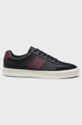 Sneakers van generfd imitatieleer met leren details, Zwart