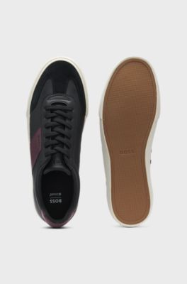Sneakers van generfd imitatieleer met leren details, Zwart