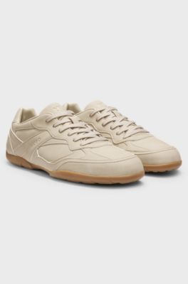 Faux-leather trainers with stacked logos, Light Beige