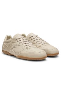 Faux-leather trainers with stacked logos, Light Beige