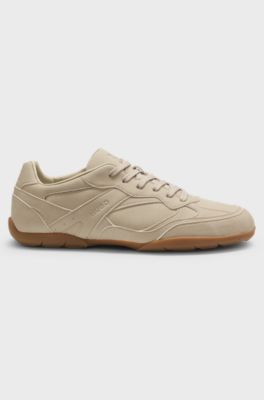 Faux-leather trainers with stacked logos, Light Beige