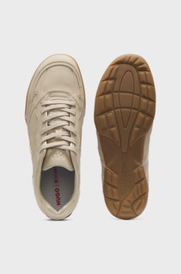 Faux-leather trainers with stacked logos, Light Beige
