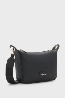 Grained faux-leather shoulder bag with gold-tone hardware, Black