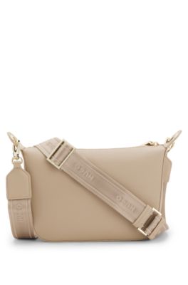 Grained faux-leather shoulder bag with gold-tone hardware, Light Beige