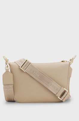 Borsa a spalla in similpelle martellata con metallo dorato, Beige chiaro