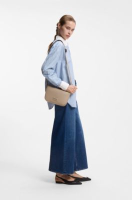 Grained faux-leather shoulder bag with gold-tone hardware, Light Beige