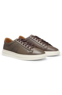 Low-top trainers in leather with embossed logo, Dark Brown
