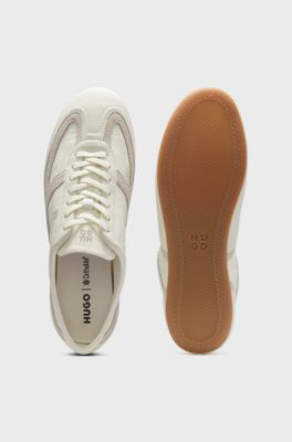 Low-top trainers with leather and suede, Natural