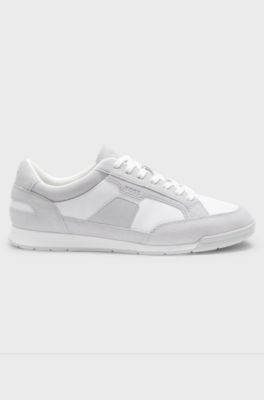 Suede trainers with logo details, Natural
