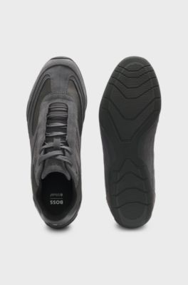 Suede trainers with textured trims, Dark Grey