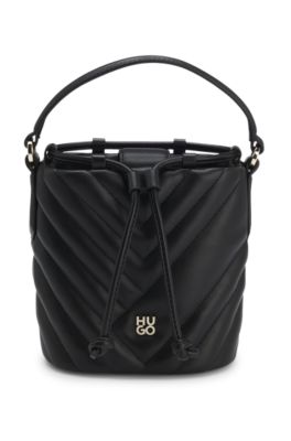 Quilted faux-leather bucket bag with stacked logo, Black