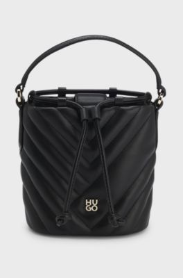 Quilted faux-leather bucket bag with stacked logo, Black