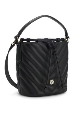 Quilted faux-leather bucket bag with stacked logo, Black
