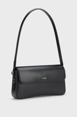 Borsa a spalla in similpelle con scritta del logo, Nero