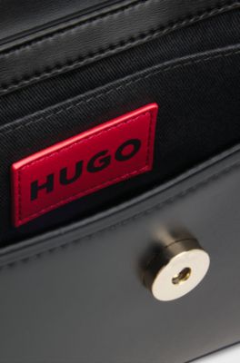 Borsa a spalla in similpelle con scritta del logo, Nero