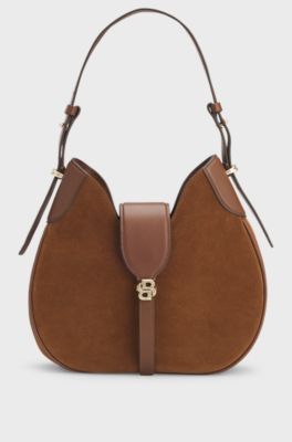 Suede hobo bag with Double B monogram, Brown