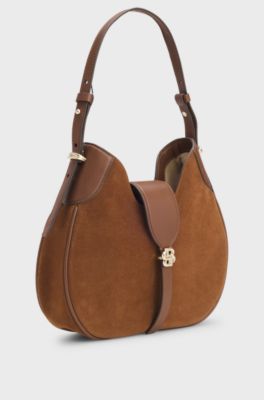 Suede hobo bag with Double B monogram, Brown
