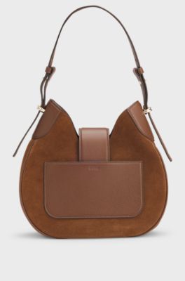 Suede hobo bag with Double B monogram, Brown