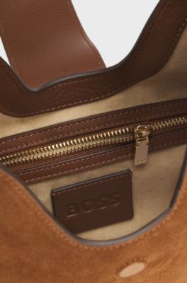 Suede hobo bag with Double B monogram, Brown