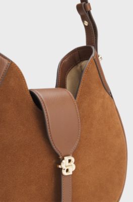 Suede hobo bag with Double B monogram, Brown