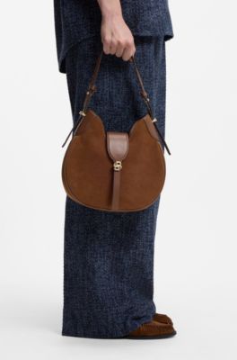 Suede hobo bag with Double B monogram, Brown